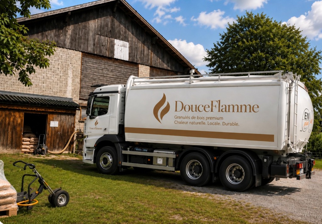 Camion-silo devant une grange — livraison en vrac